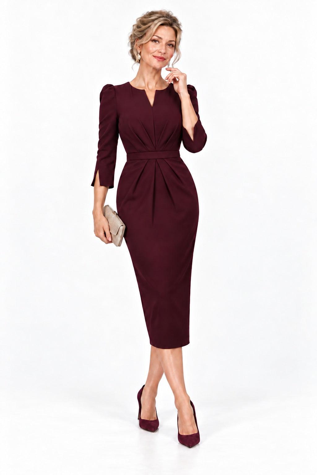Sheath-Column Tea Length Elastic Cloth Mother of the Bride Dress CM0523 - Wine - COCOMELODY
